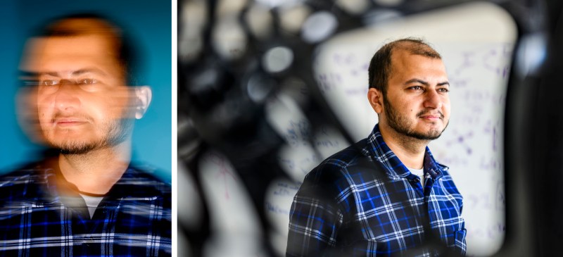 Split image of researcher Binod Pant in a blue plaid shirt: left shows a double-exposure blur effect, right shows a clear portrait against a black and white bokeh background.