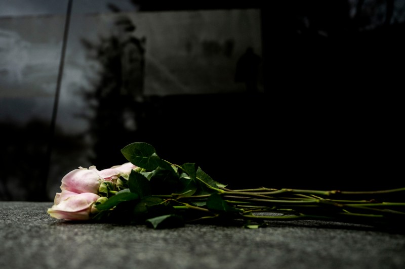 Pink flowers laid on top of the Northeastern Veterans Memorial. 