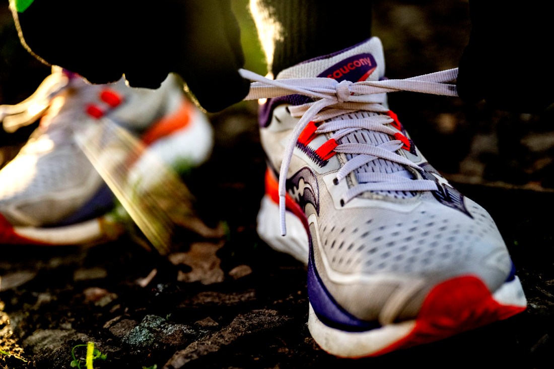 Michaela Quigley's grey shoes with orange and purple highlights. 