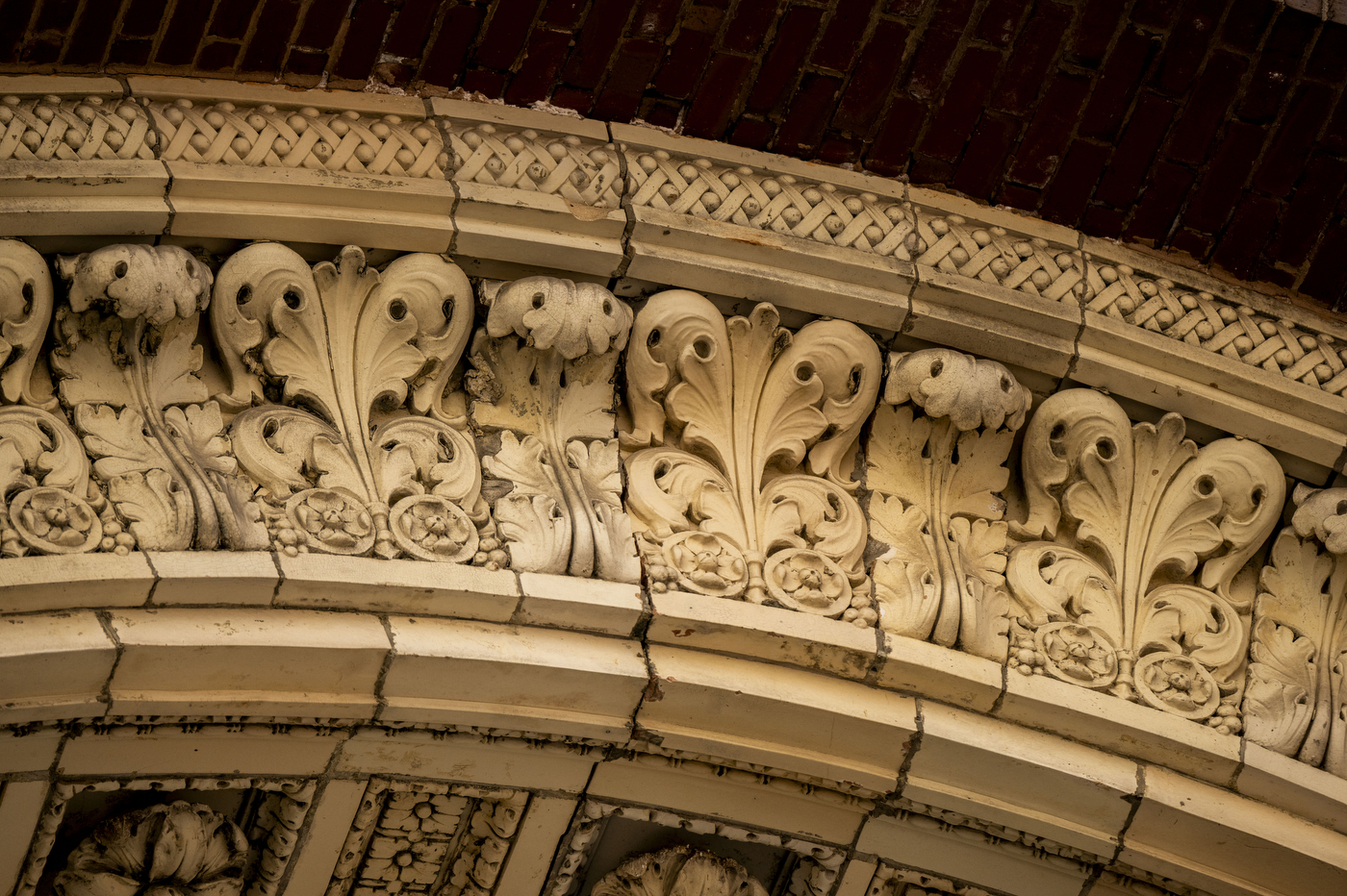 A close-up of the detailing on the Matthews Arena archway.