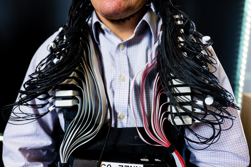 A close-up photo of cords hooked up to a cap. 