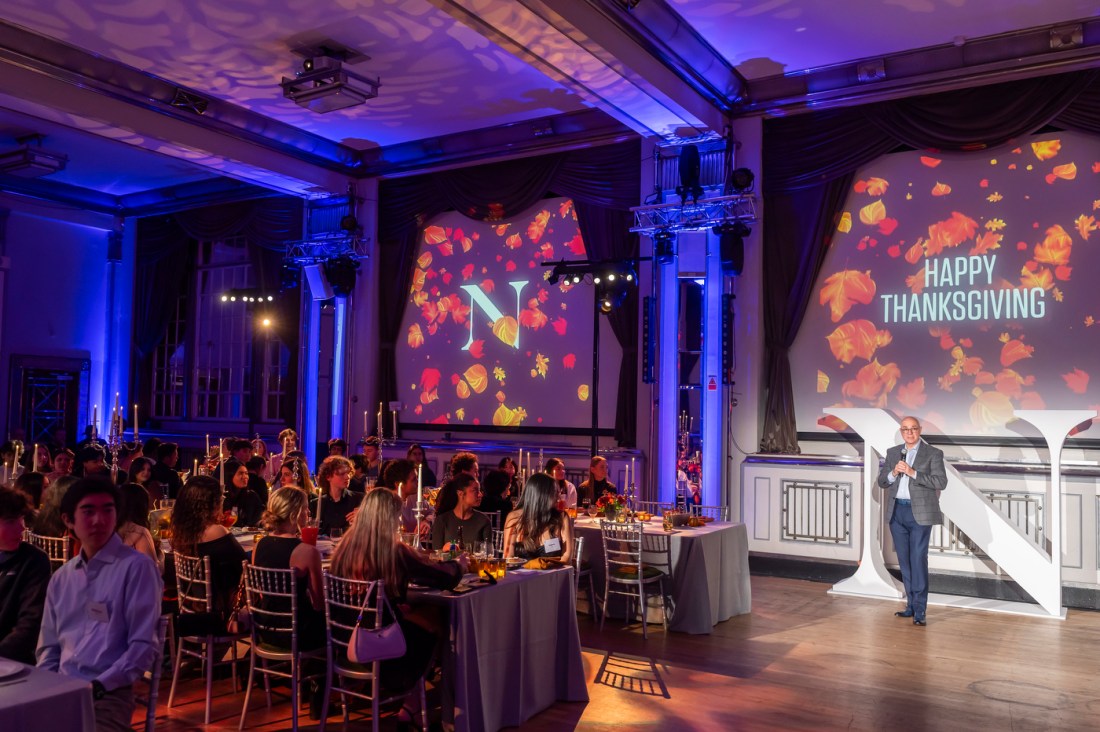 Northeastern University president Joseph Aoun speaks to a room full of students in a ballroom