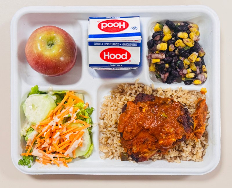 A school lunch tray with compartments containing an apple, a carton of Hood milk, a black bean and corn salad, a green salad with shredded carrots, and seasoned chicken over brown rice.