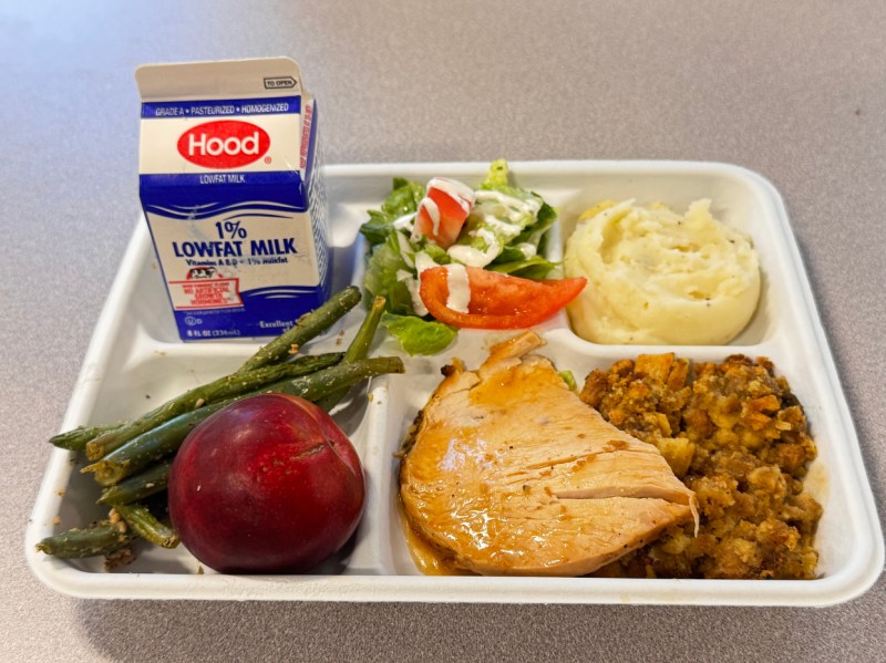 A school lunch tray with compartments containing a carton of Hood 1% lowfat milk, roasted green beans, a red apple, a garden salad with tomatoes, mashed potatoes, sliced turkey, and stuffing or dressing.