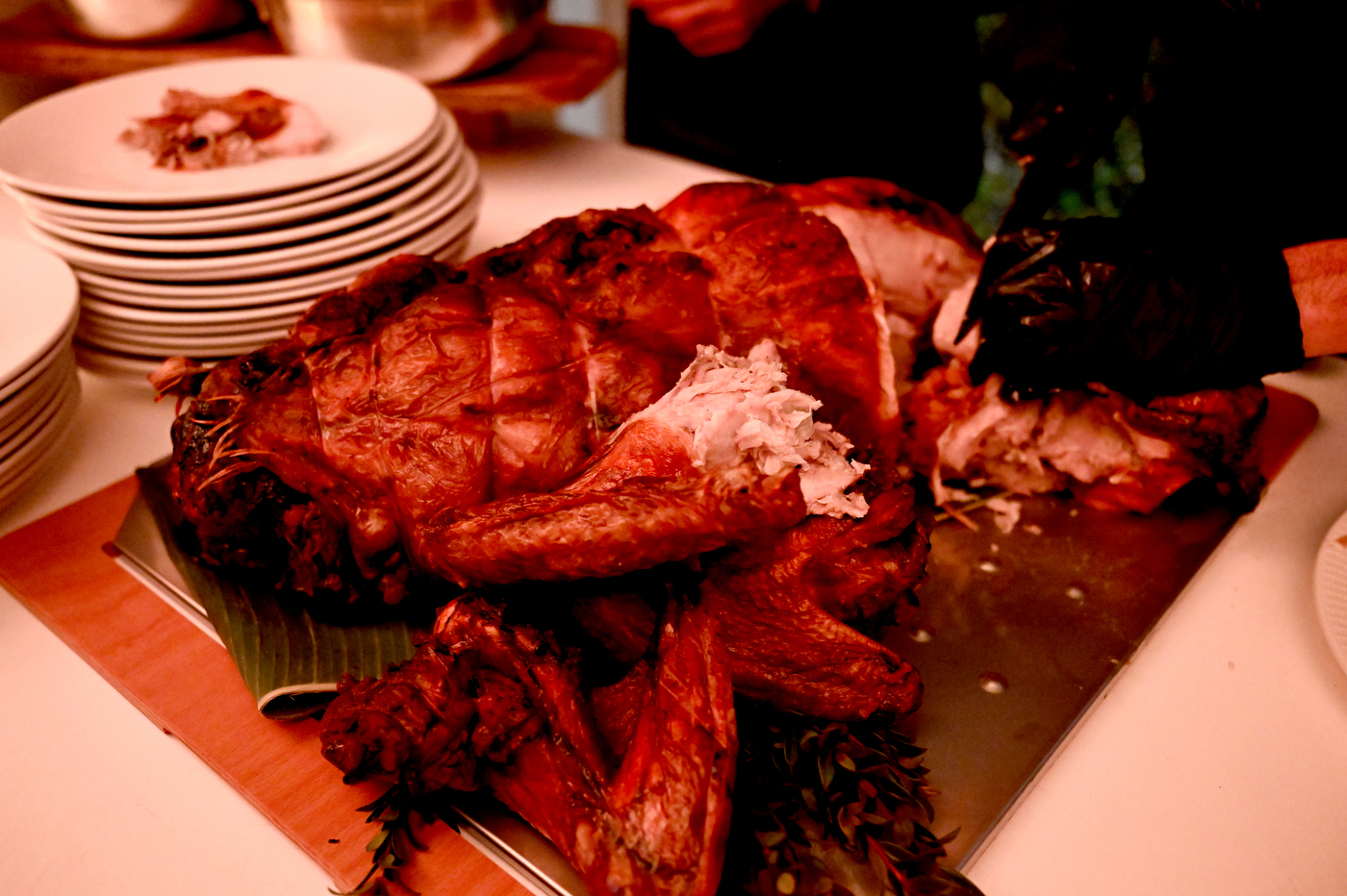 A partially carved cooked turkey