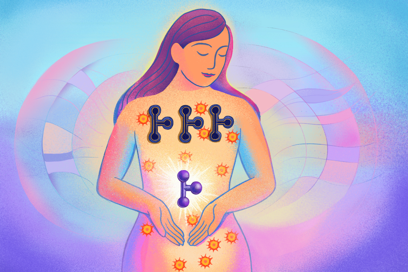 An illustration depicting a woman holding a three-pronged molecule in her hands that would fit into three receptors placed on her chest.