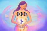 An illustration depicting a woman holding a three-pronged molecule in her hands that would fit into three receptors placed on her chest.
