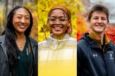 Three smiling Northeastern students dressed variously in fall weather attire.