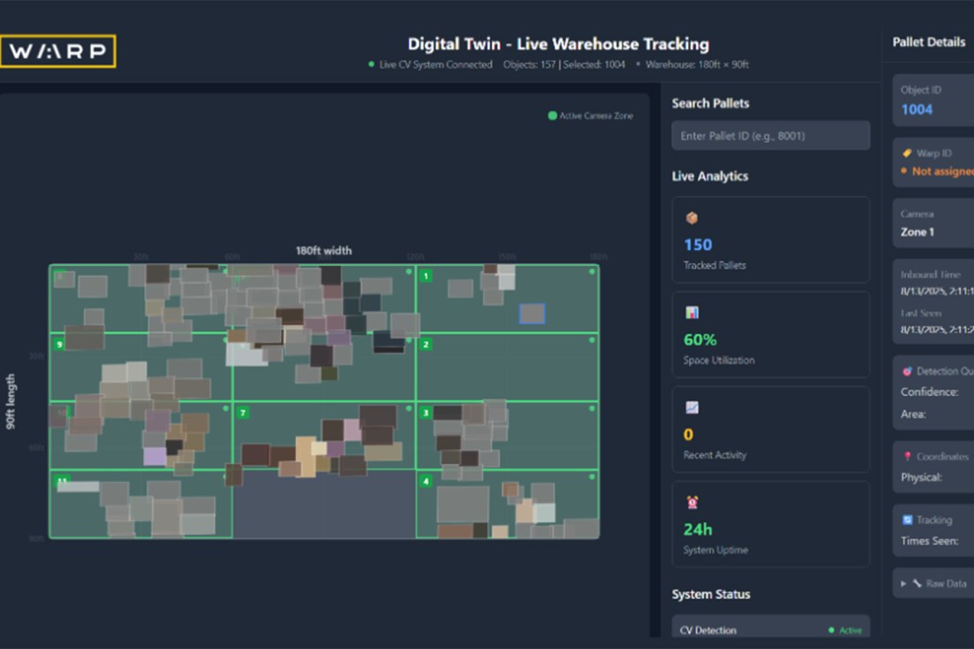 A warehouse tracking software interface showing a top-down map of a warehouse floor with colored blocks representing pallets arranged in grid zones.
