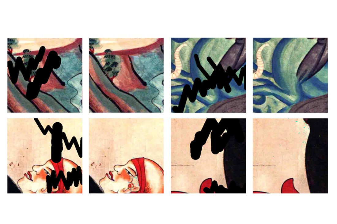 Four pairs of images showing sections of digitally "damaged" murals on one side and MurFact AI's restoration on the other.