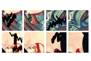 Four pairs of images showing sections of digitally "damaged" murals on one side and MurFact AI's restoration on the other.