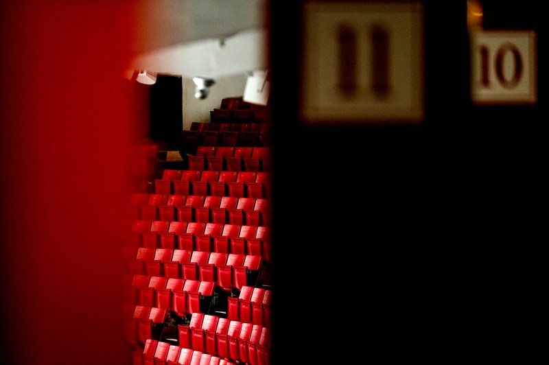 A photo of the red stands at the ice rink at Matthews Arena. 
