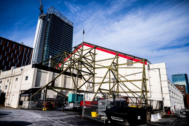 The exterior of Matthews Arena seen against a blue sky.