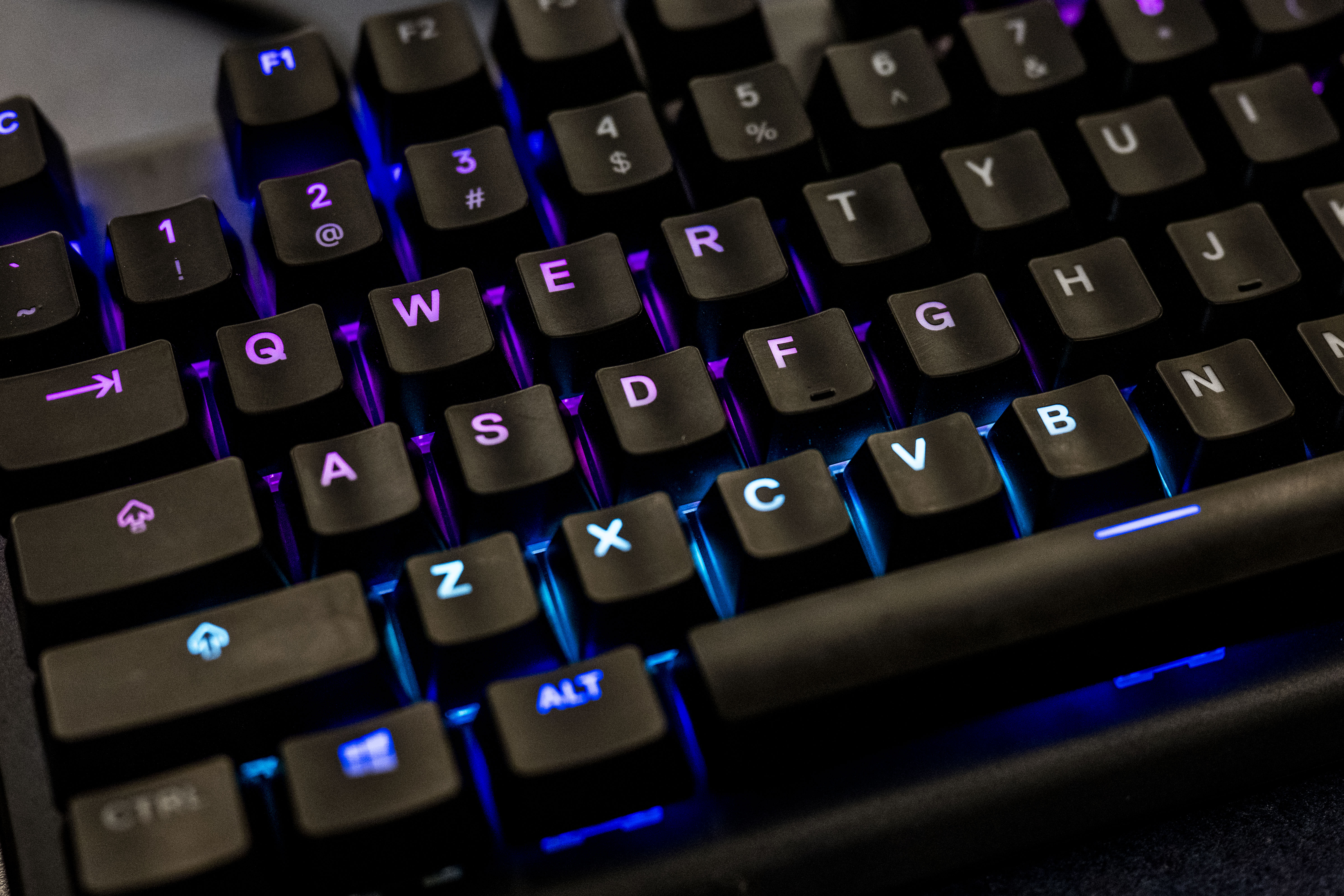 Close-up of a black keyboard with blue and purple LED backlighting illuminating the keys at an angle.
