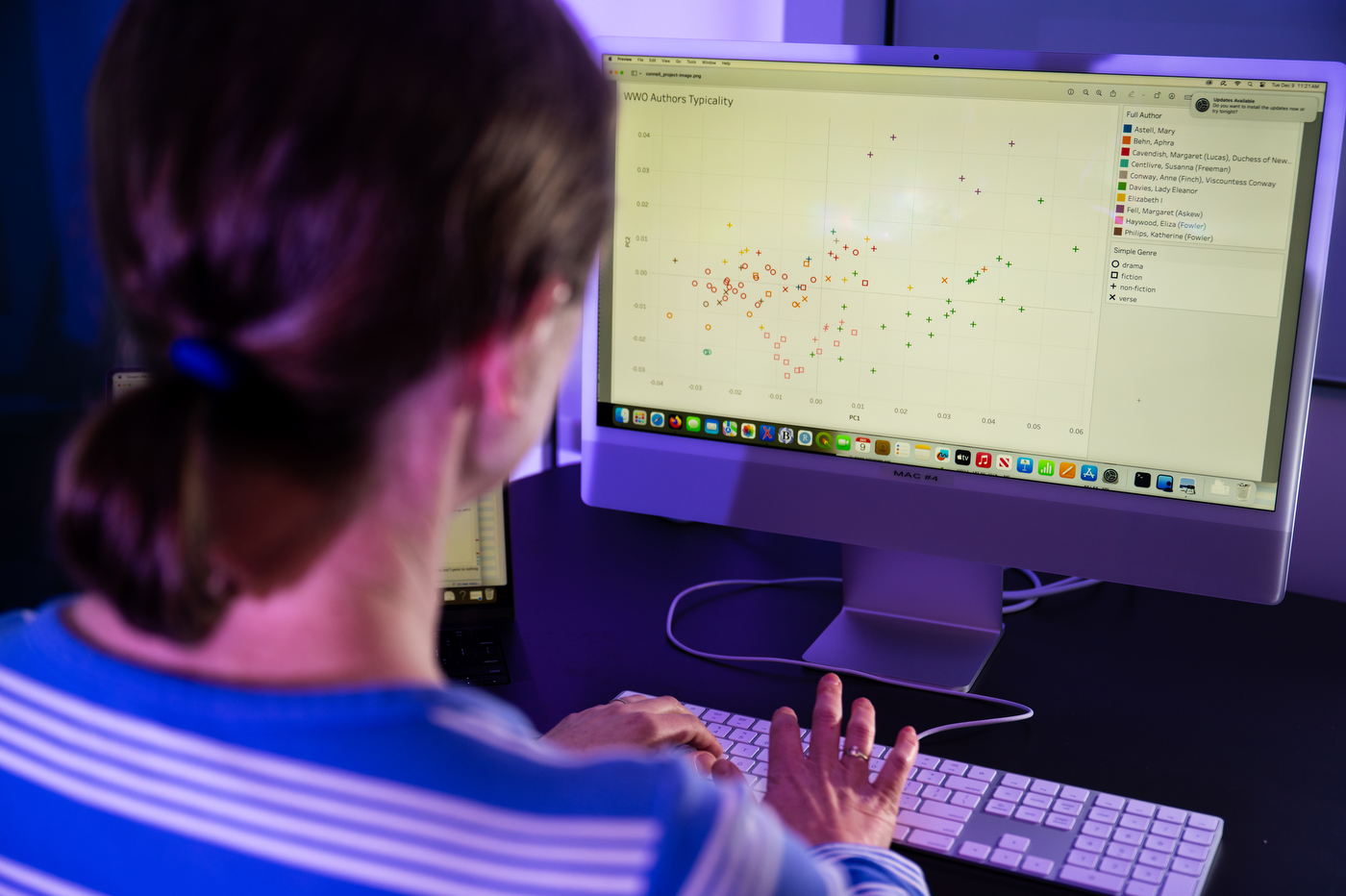 The back of a woman's head as they look at a graph on a computer screen.
