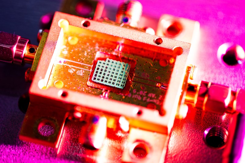 Closeup of tiny, acoustic sensor.