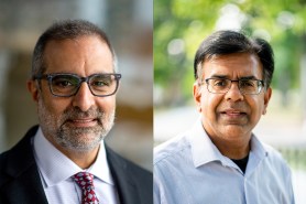 Gregory Abowd, Northeastern College of Engineering dean, and Mansoor Amiji, a professor in the Bouvé College of Health Sciences, pose for portraits.