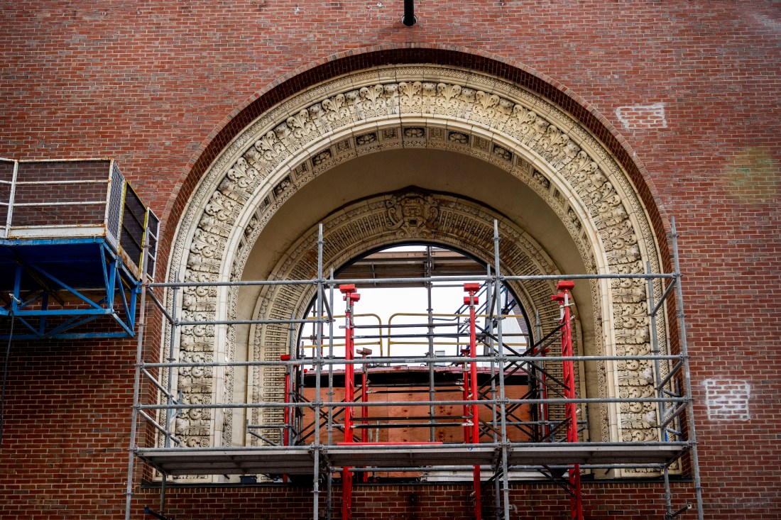 The Matthews Arena arch with scaffolding in front of it.