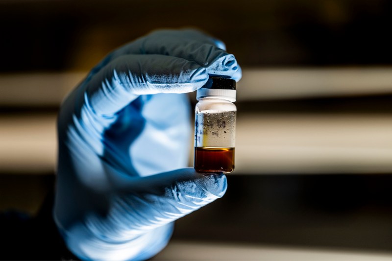 A hand holds a plastic vial containing a sample of oil.