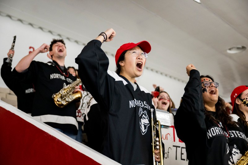 A crowd of students cheers on hockey players.