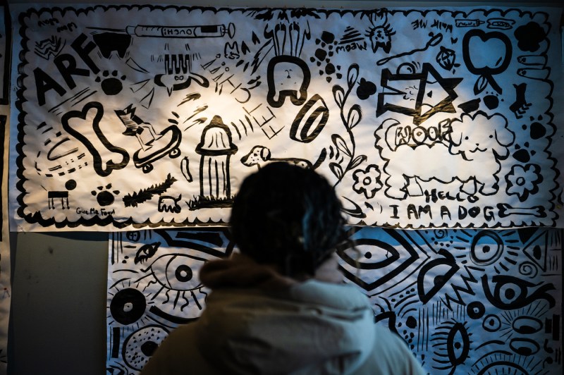 The back of a student's head as the look at large wall of mural art.