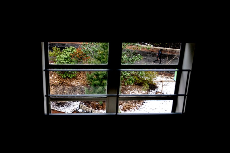 In shadow through a winder, and student passes through campus.