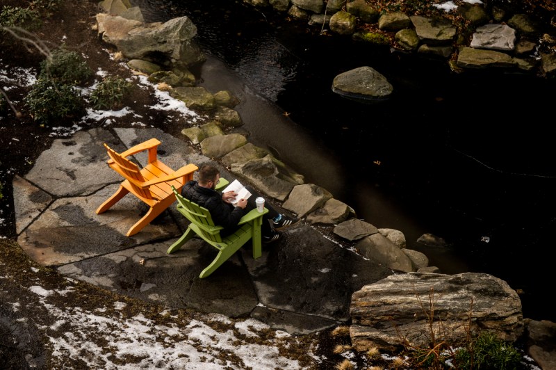 A person sits outside the koi pond while reading a book.