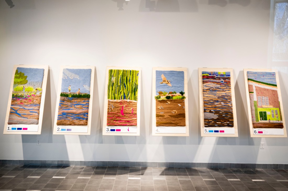 A row of colorful, rectangular data visualization art prints displayed on a gallery wall. 