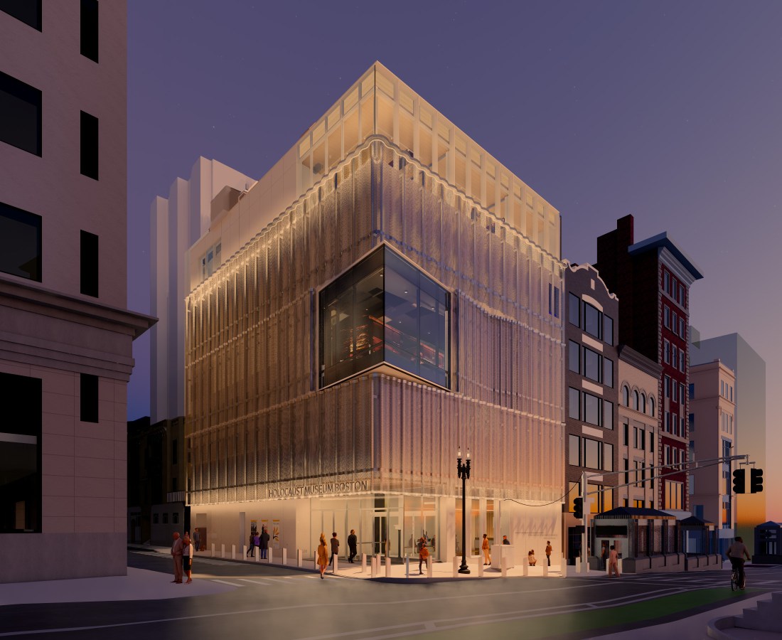 An architectural rendering of a modern, rectangular building.