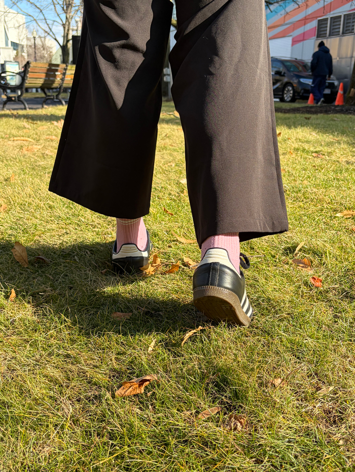 A pair of legs in brown pants walks through grass.