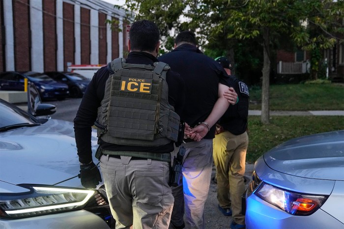 A federal agent with an immigration and customs enforcement logo inscribed on the back of his vest, carries out an arrest.