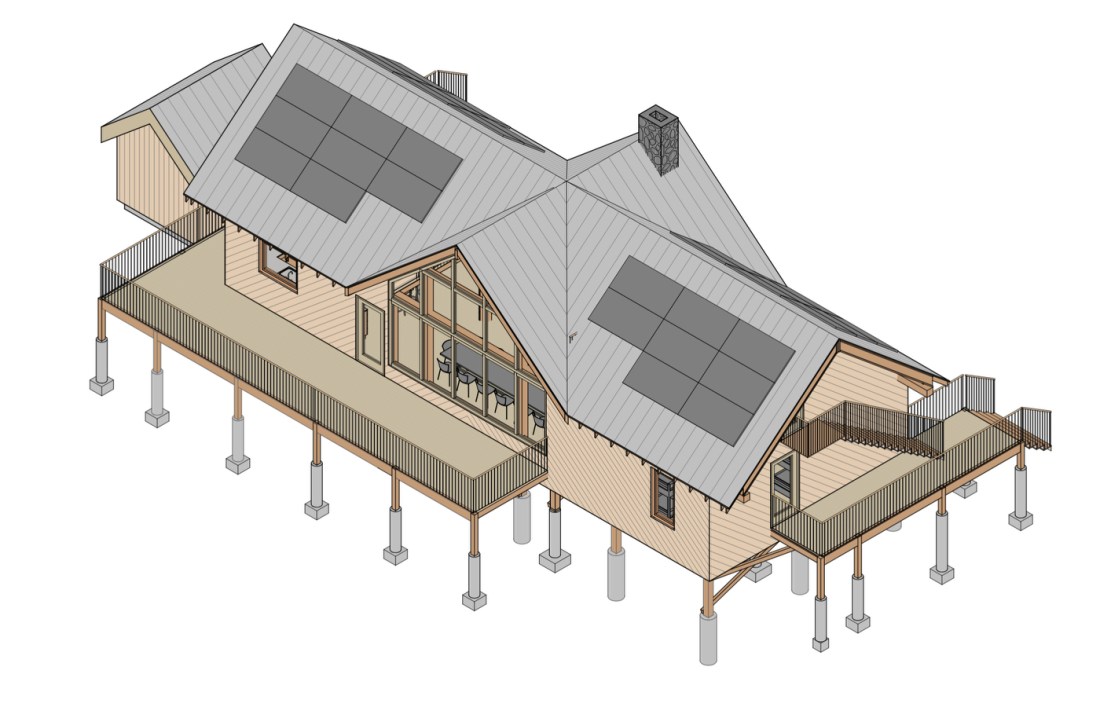 An architectural rendering of the future lodge with solar pannels on the roof, a wrap-around porch and ceiling-tall windows in the middle part.