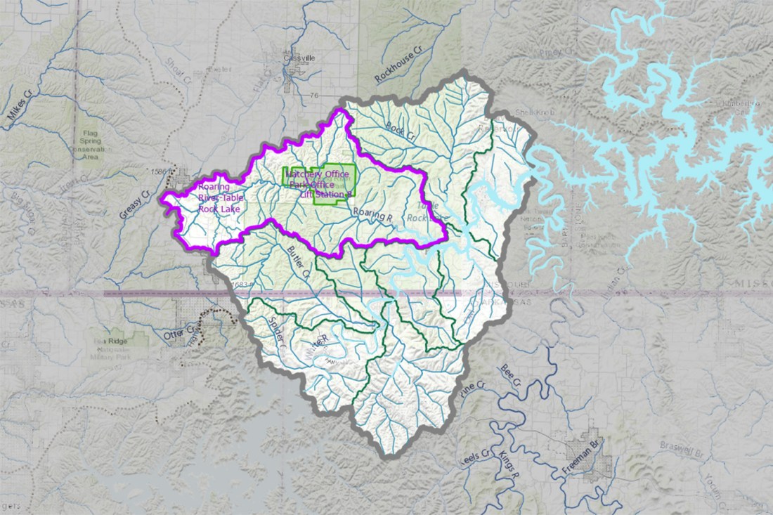 A map of a region in southwest Missouri that includes Roaring River State Park, outlined in purple.