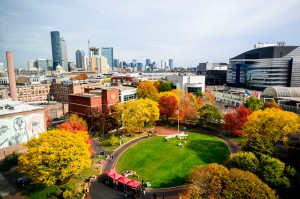 An aerial shot of Centennial Common on Northeastern University's Boston campus