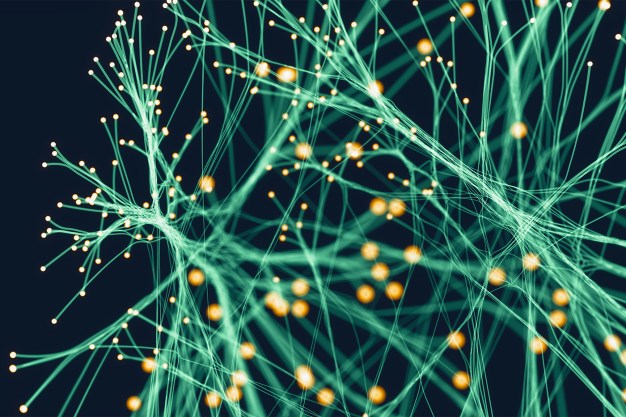 Green lines connect many pinpricks of yellow light, representing neurons, in a complex 3D arrangement.