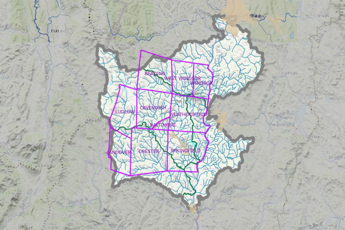 A map of the Mount Ascutney region, Vermont, with an overlay of counties in purple.