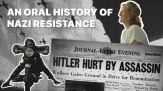 A collage thumbnail with the title 'An Oral History of Nazi Resistance' featuring an image of a woman riding a motorcycle, a vintage newspaper headline that says 'Hitler Hurt by Assassin' and a still frame of Rabbi Sara Paasche-Orlow talking