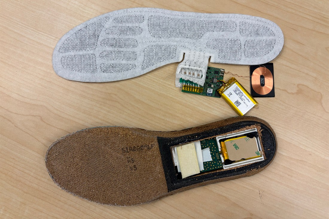 A disassembled insole sensor showing the white sensors themselves with battery pack and the cork-like insole housing.