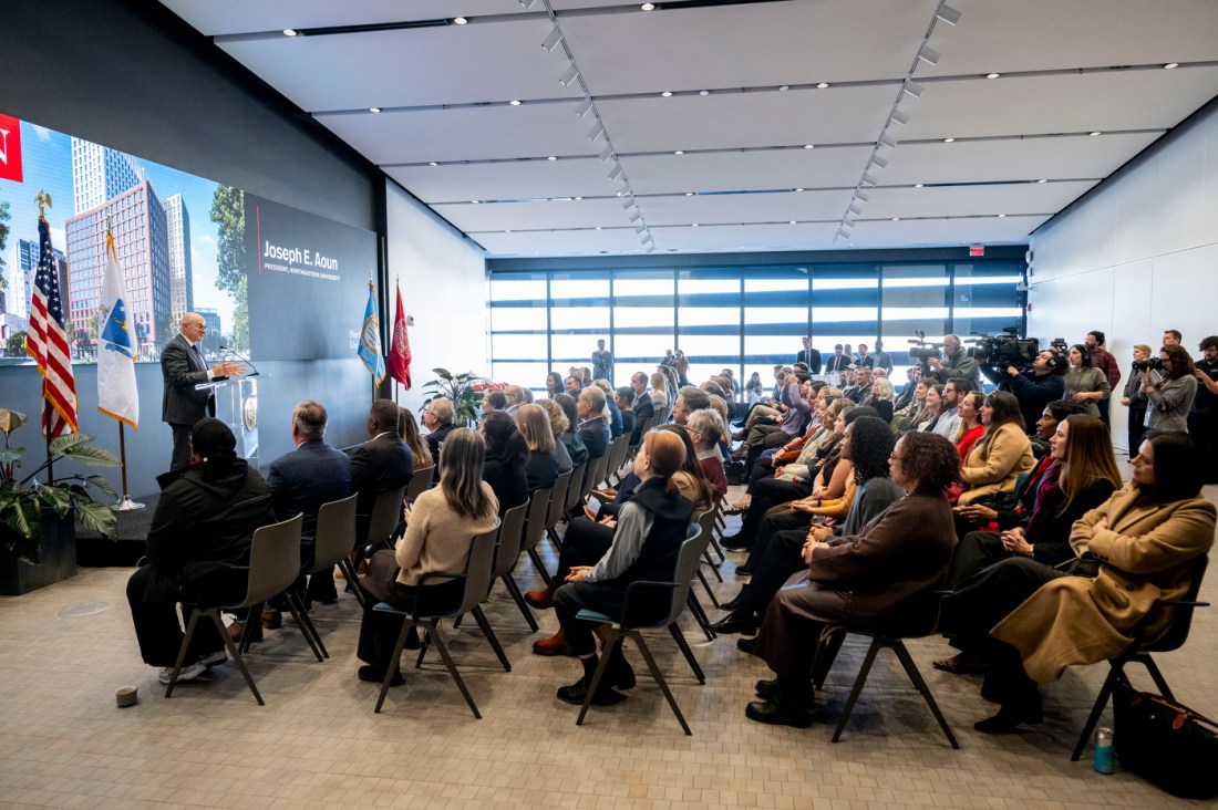 A wide view of the crowd at the Columbus Ave event.