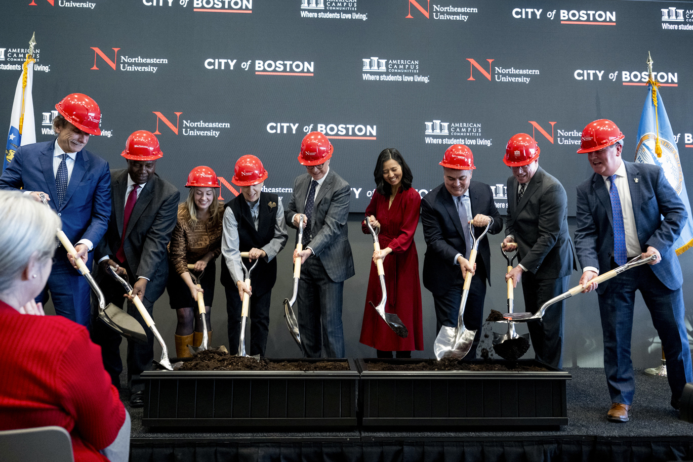In a celebration of partnerships, Mayor Wu joined President Aoun to mark the beginning of a new 23-story residence hall taking shape
