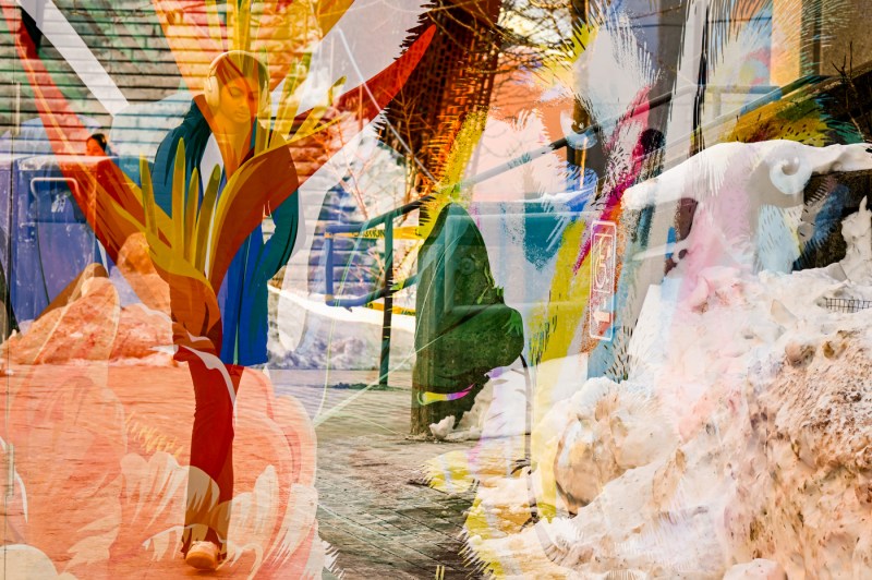 A camera effect overlays a painted mural on a student walking through the snow on the Boston campus.
