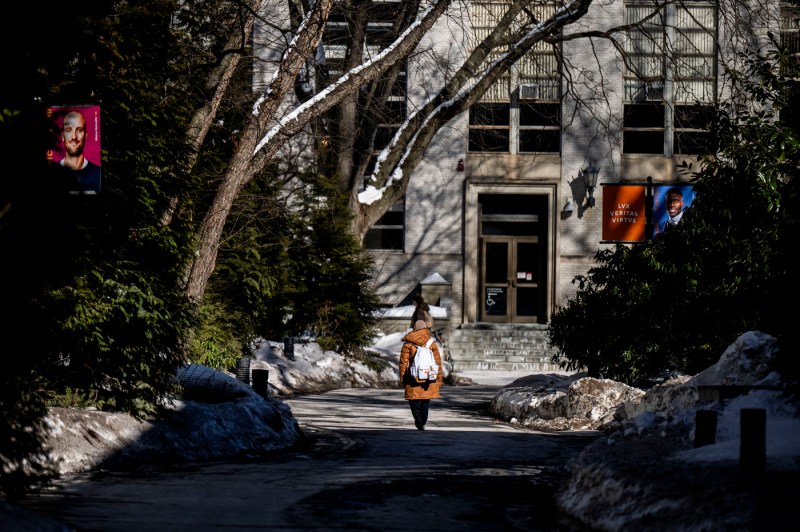 A student walks through campus. Snow covers the grass and tree branches. 
