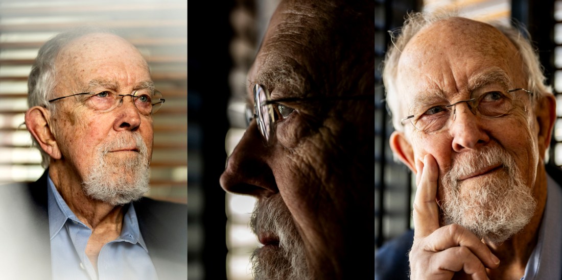 Three close up angles of an elderly person. From left to right: The person looks to the right off-camera. An extreme close up of the person's side profile. The person rests their head on one hand while looking to the right.