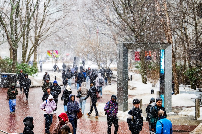 Crowds of students walk around the campus grounds as snow falls.
