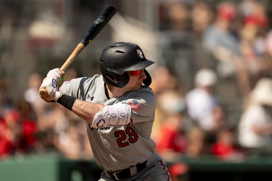 A baseball player in a gray uniform stands with his bat raised waiting for a pitch, with the crowd and ballpark blurred in the background.
