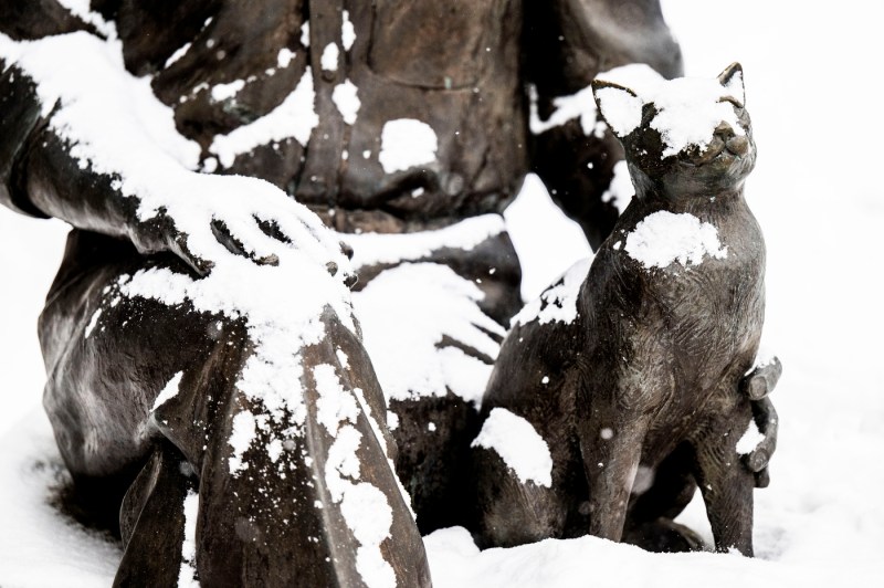 A close up of a statue of a person and a cat covered in snow.
