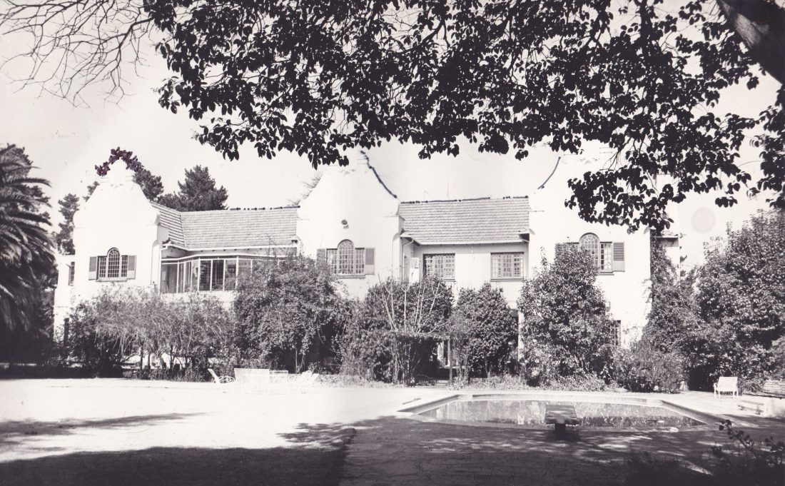 A black and white historical photo of the exterior of the Johannesburg Art Foundation building. 