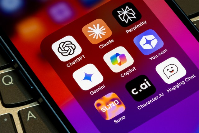 A close up photo of a phone screen, displaying a collection of AI apps and their logos.
