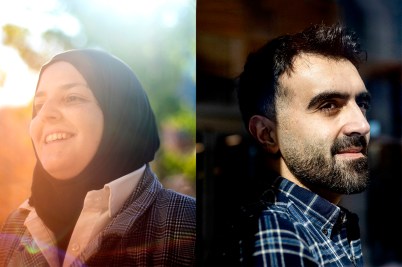 In side-by-side photos, Mona Minkara, left, smiles in a ray of sunshine. Soheil Behnezhad, right, stands next to the corner of a building in a blue shirt.