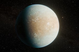 Digital rendering of a spherical exoplanet with blue and tan surface coloring and visible atmospheric or terrain features, illuminated from one side showing dimensional shading, set against a black starry space background